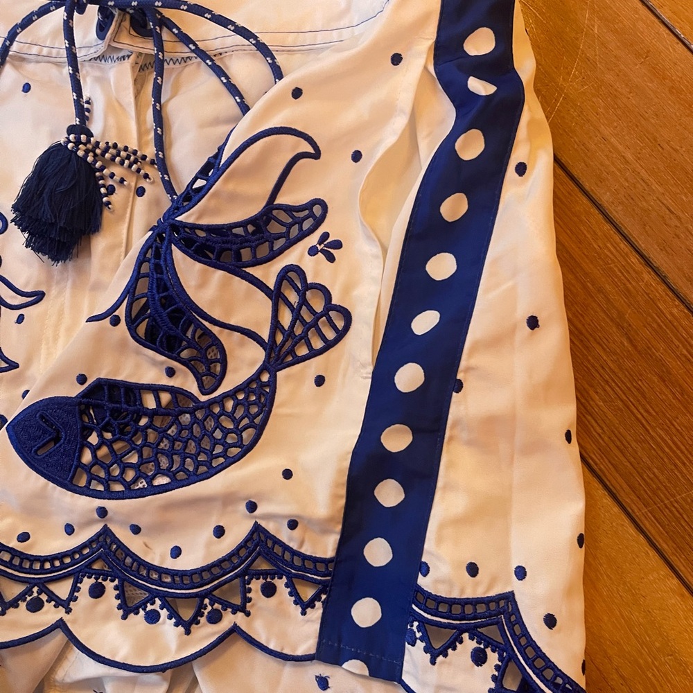 Farm Rio Artisanal Embroidered Resortwear/Beach Shorts Blue White XS Tassel Tie - Picture 6 of 16
